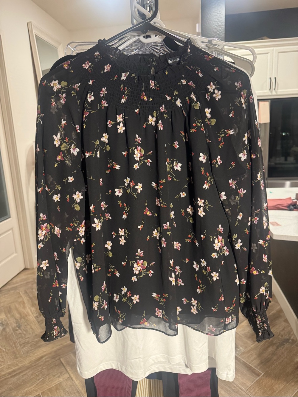 Madewell Black Floral Smocked-Neck Long Sleeve Blouse
